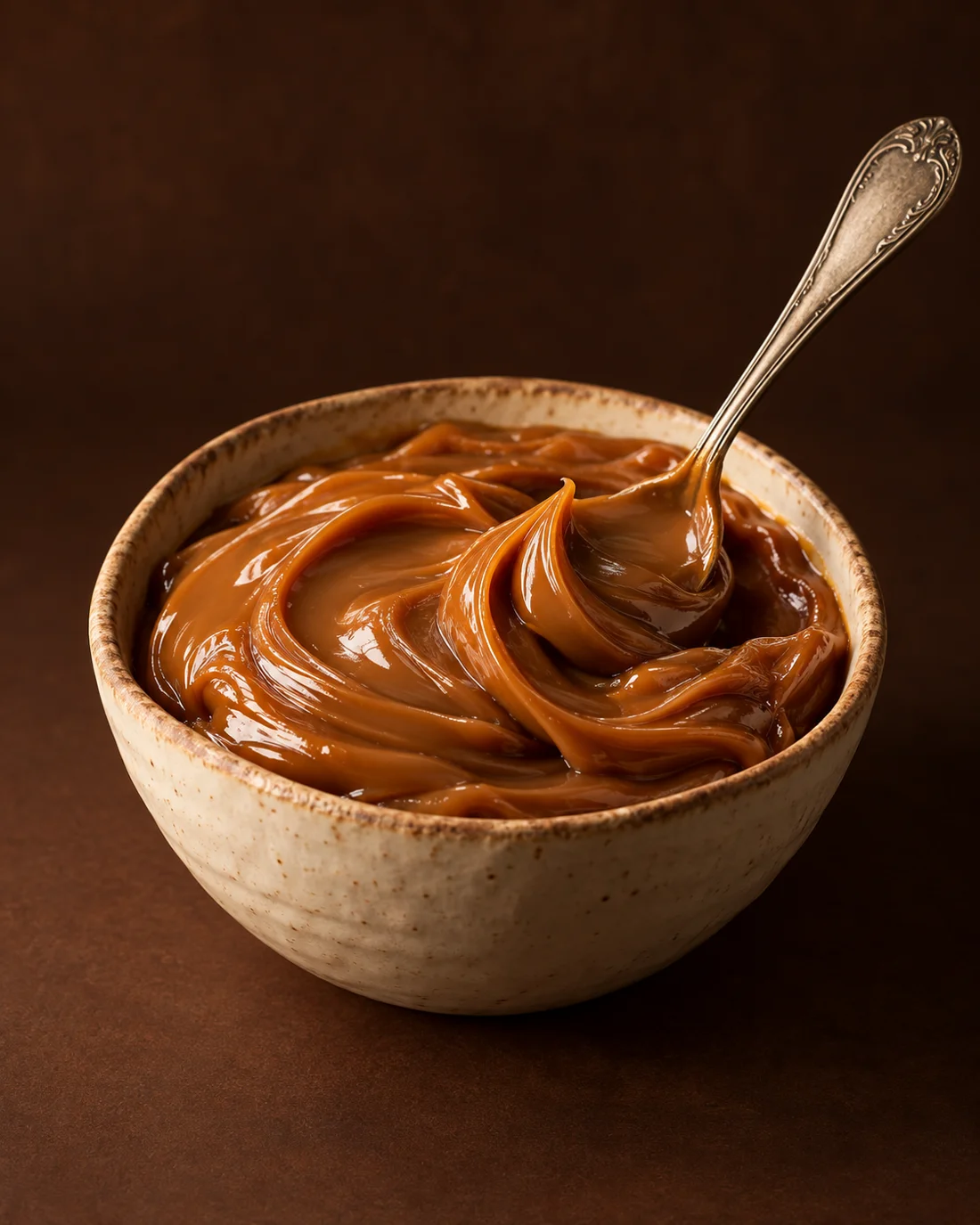 Doce de leite cremoso em uma tigela, com uma colher